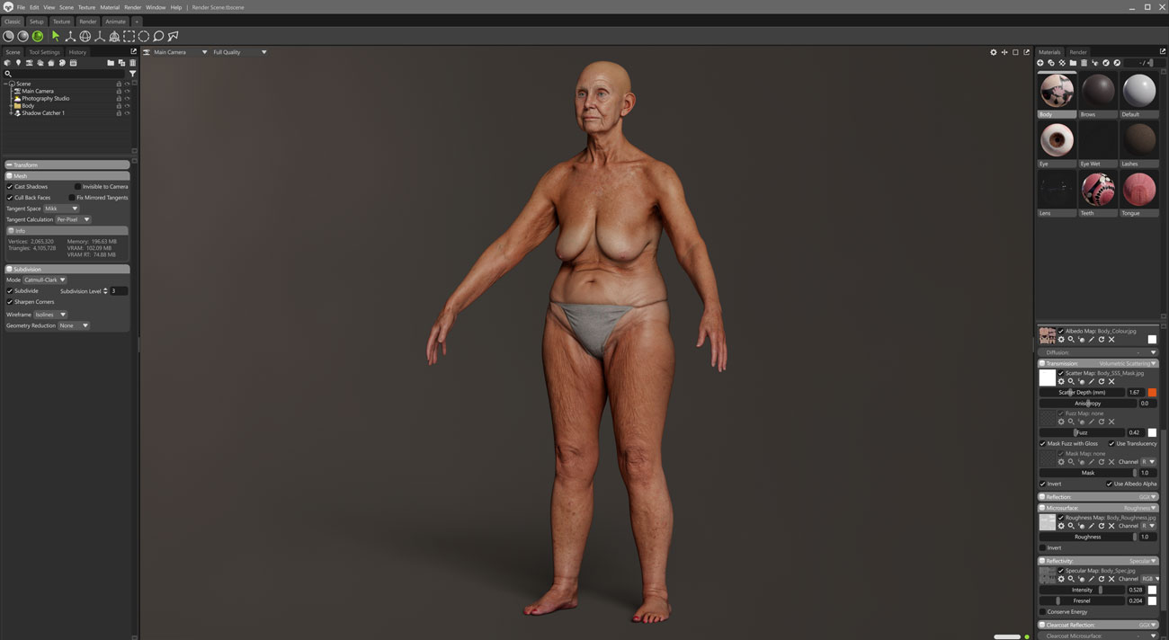 Marmoset Toolbag real-time render of a fuller-figured older female 3D body scan with PBR materials applied